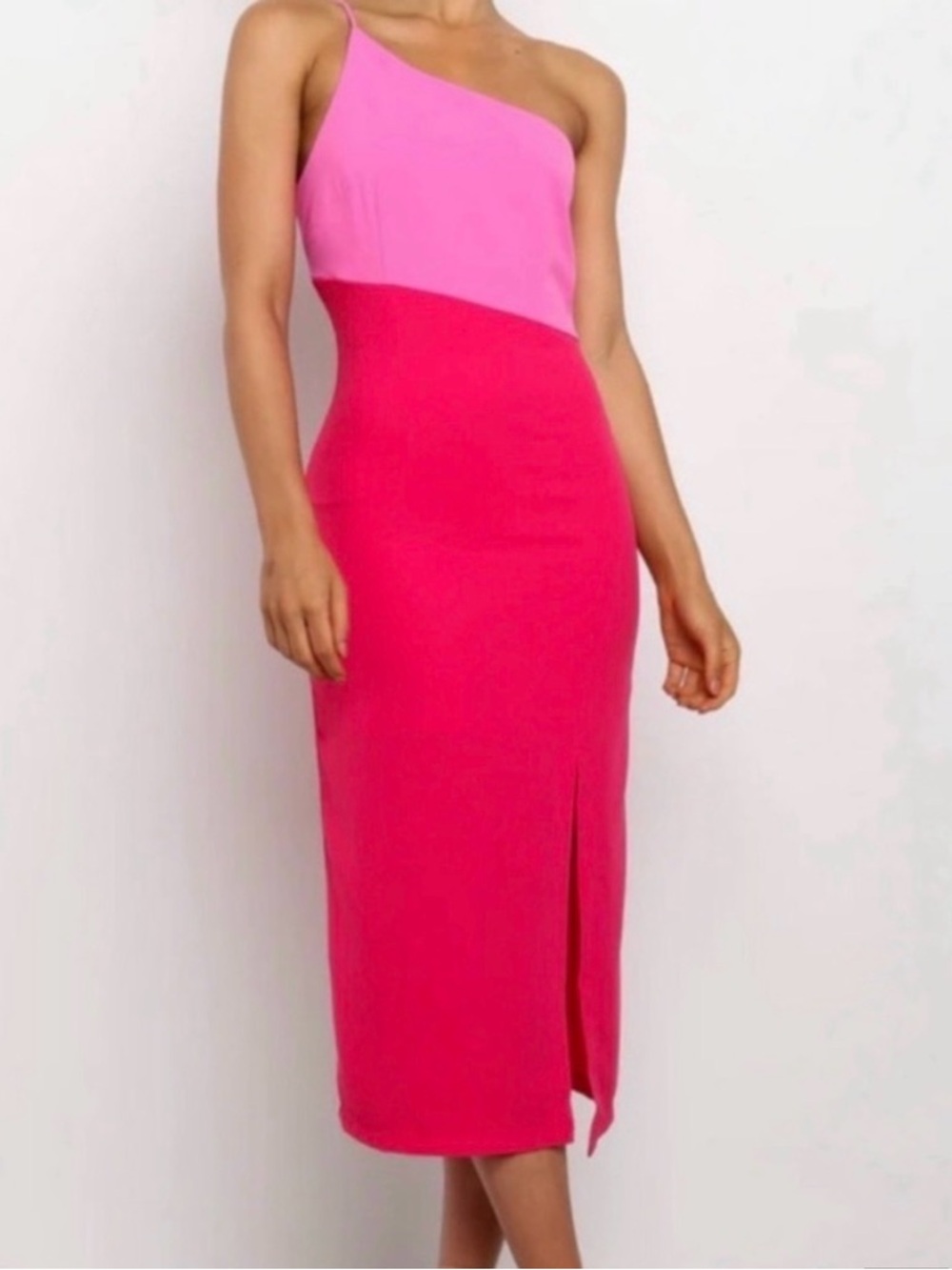 Petal & Pup Xiomar One Shoulder Midi Dress – Pink Two Tone Bodycon Slit Dress